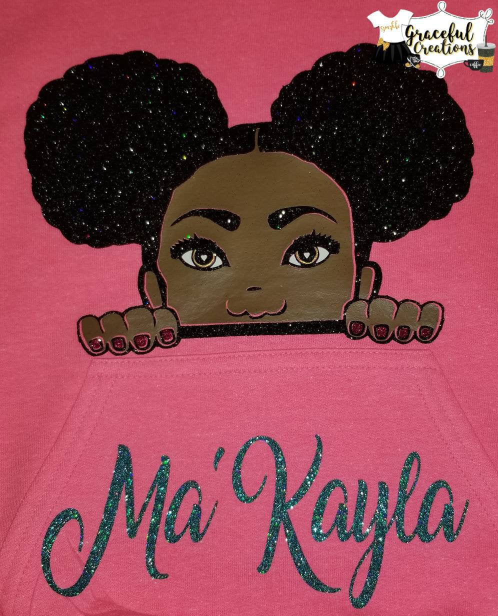 Peeking African American Girl with Afro Puffs or Locs/Braids Hoodie. Melanin Princess. Personalized, Custom Hoodie with Name.
