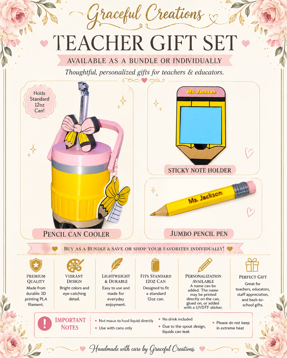 Teacher Gift Set | Handmade 3D-Printed Pencil Can Cooler, Sticky Note Holder & Pen