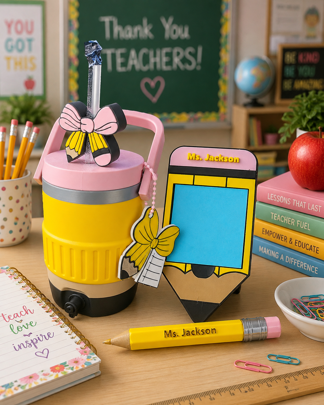 Teacher Gift Set | Handmade 3D-Printed Pencil Can Cooler, Sticky Note Holder & Pen