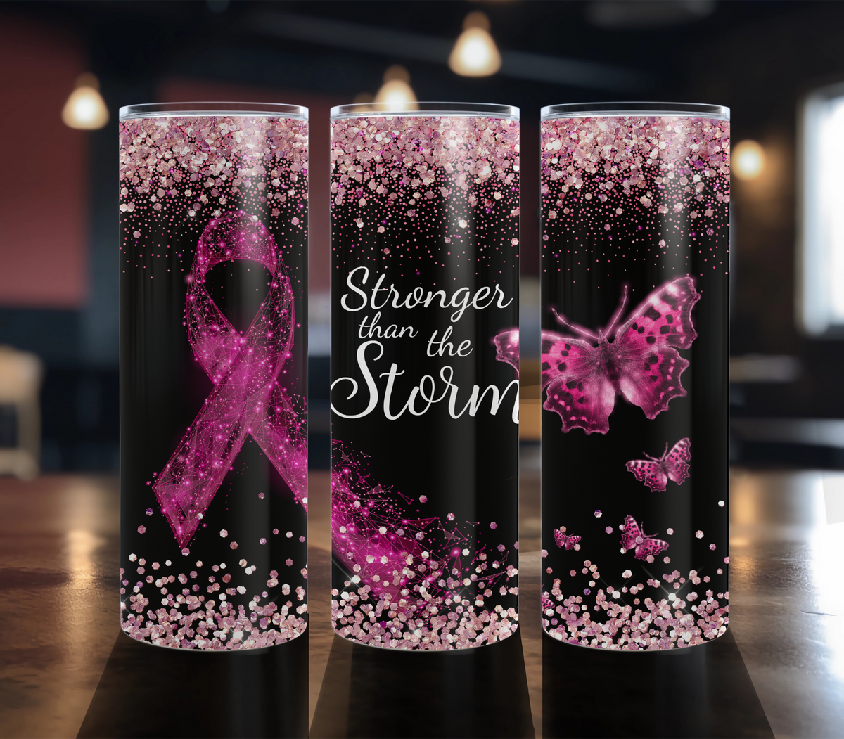 Stronger than the Storm Black - 20 oz Breast Cancer Awareness tumbler design