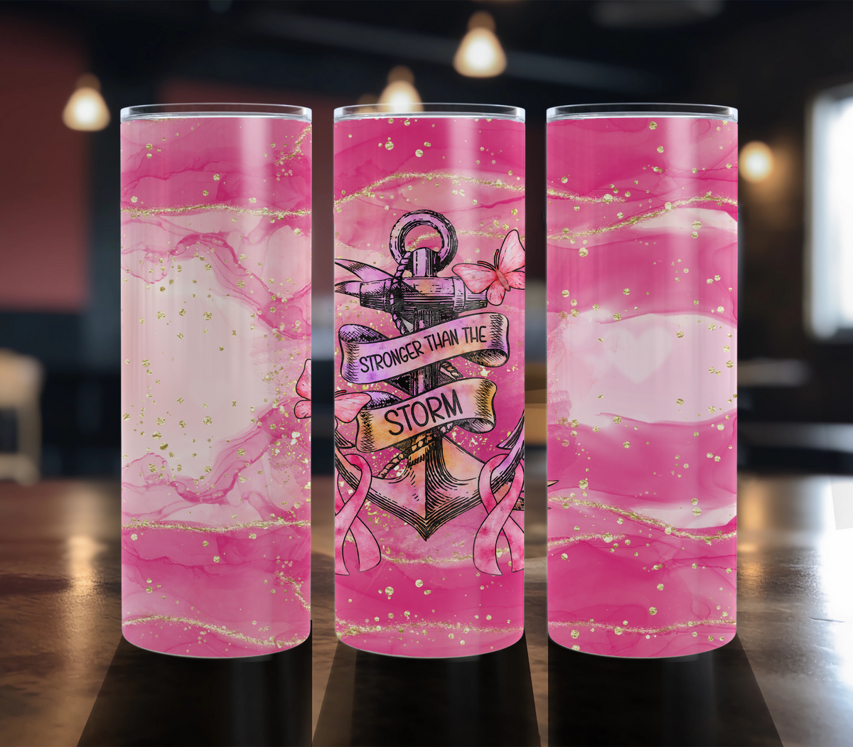 Stronger Than The Storm Anchor - 20 oz Breast Cancer Awareness tumbler design
