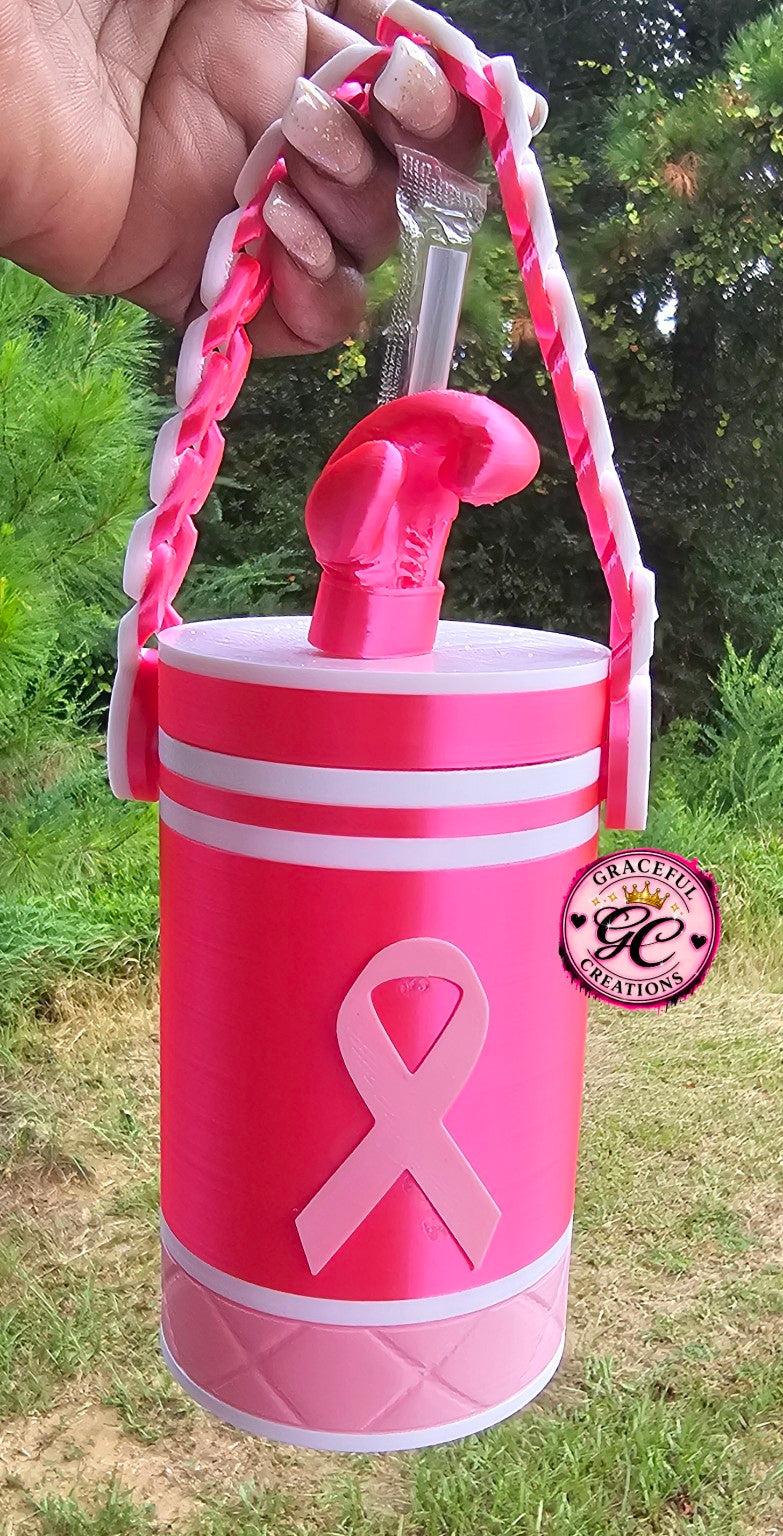 Pink Breast Cancer Awareness 3D Printed Can Holder with ribbon, boxing glove lid and braided handle by Graceful Creations