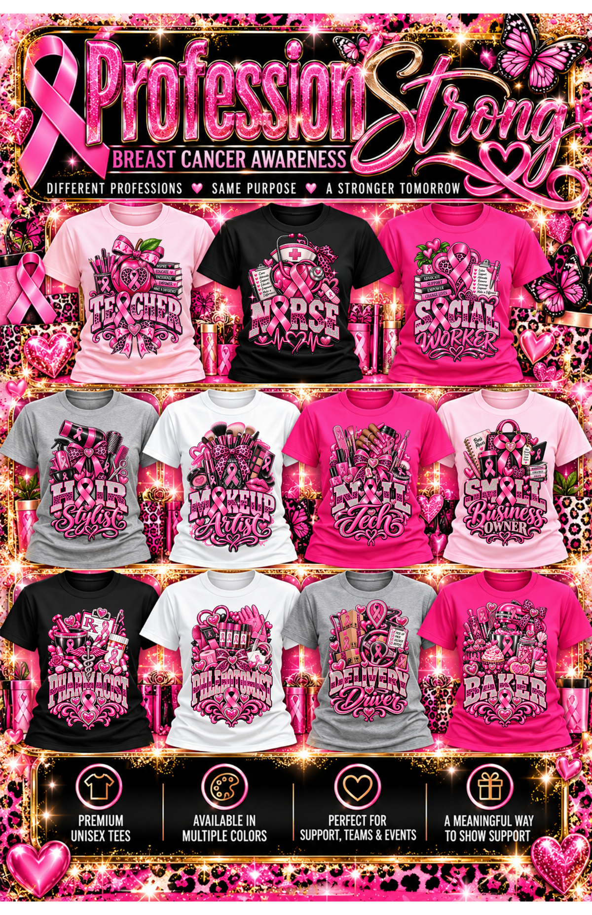 Profession Strong Breast Cancer Awareness collection featuring 11 Graceful Creations profession T-shirt designs