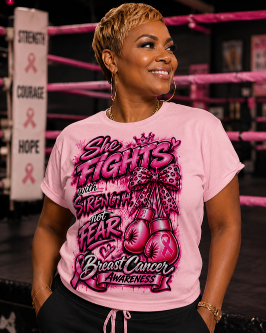 Pink She Fights With Strength Not Fear Breast Cancer Awareness tee mockup