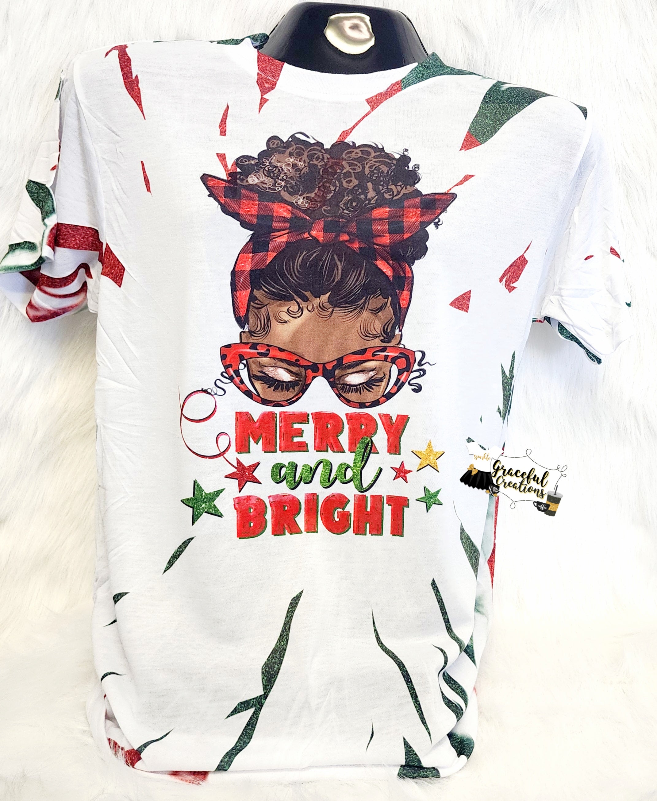 Afro Messy Bun Merry & Bright Scrunch Tie Dye Custom T-Shirt