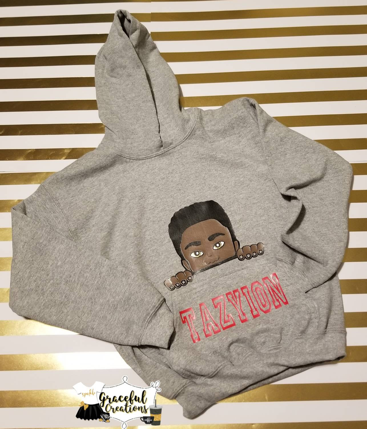 Peeking African American Boy with short haircut Hoodie. Melanin Prince. Personalized, Custom Hoodie with Name.