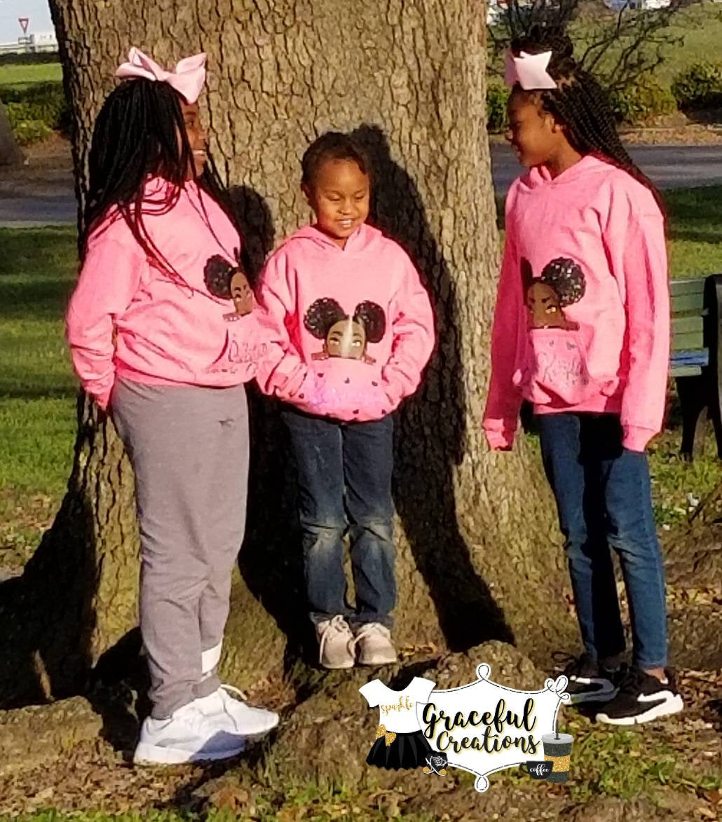 Peeking African American Girl with Afro Puffs or Locs/Braids Hoodie. Melanin Princess. Personalized, Custom Hoodie with Name.