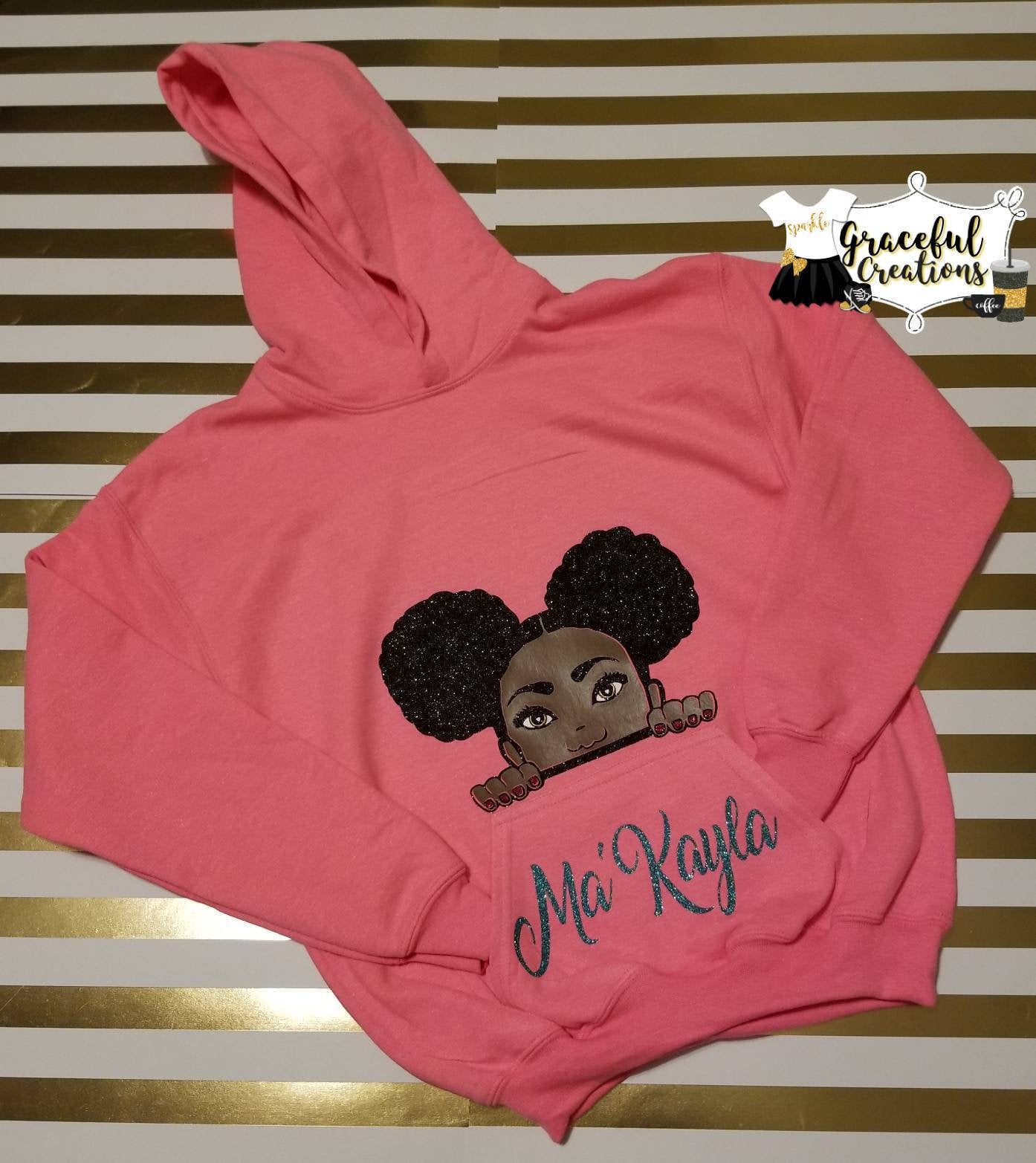 Peeking African American Girl with Afro Puffs or Locs/Braids Hoodie. Melanin Princess. Personalized, Custom Hoodie with Name.